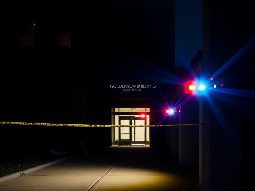 Flick International Dramatic scene of the Goldenson Building at Harvard Medical School illuminated by emergency lights after explosion.