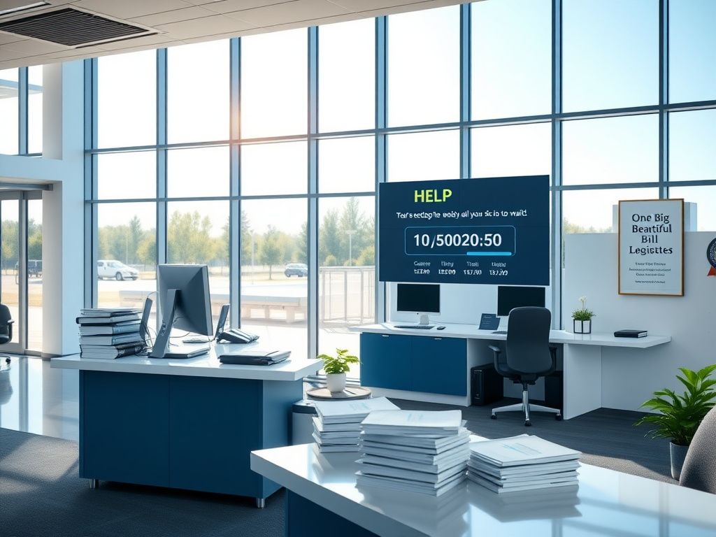 Flick International Modern office interior of the Social Security Administration with organized help desk and digital display