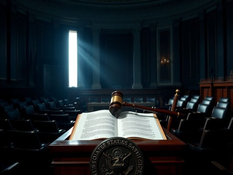 Flick International Dimly lit United States Senate chamber with empty chairs and the Senate seal