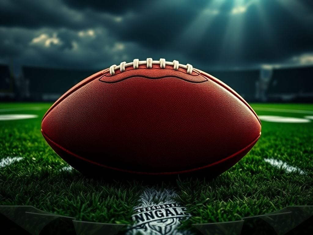 Flick International Close-up of a weathered NFL football on a green football field with Cincinnati Bengals logo