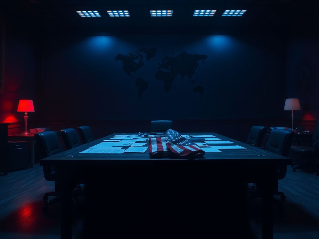 Flick International A shadowy military command room with a large table covered in classified documents and a folded American flag, illuminated by caution lights