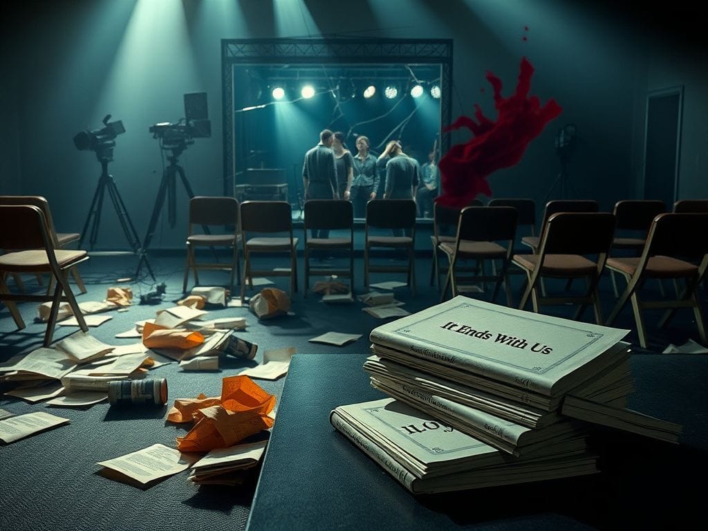 Flick International Chaotic film set with empty chairs and fallen scripts depicting legal drama turmoil