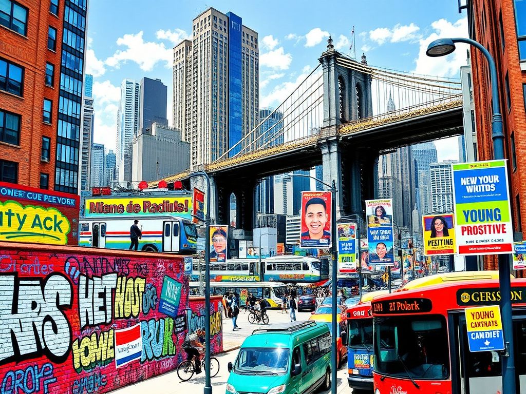 Flick International Panoramic view of New York City showcasing vibrant urban life and diverse political campaign posters.