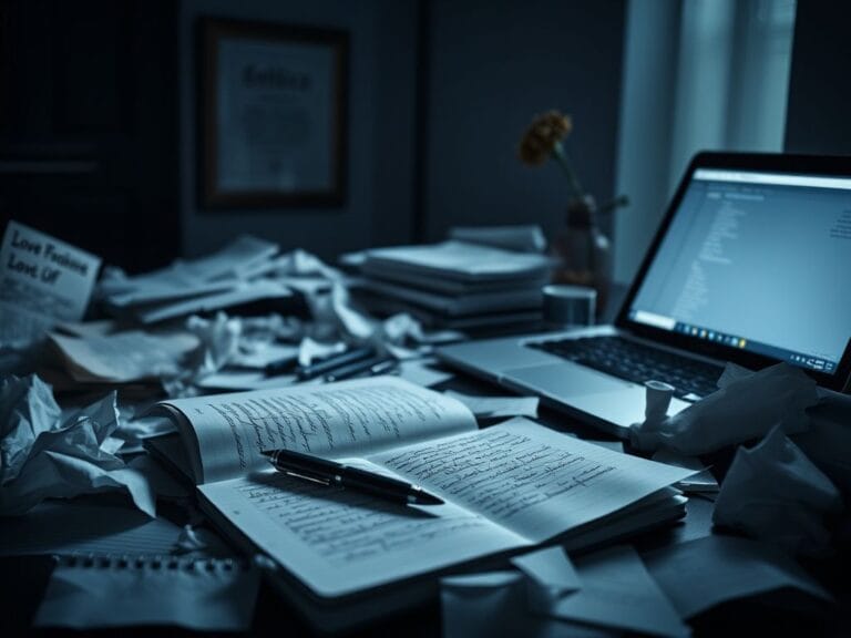 Flick International A dimly lit room with a cluttered desk showcasing crumpled papers and discarded love letters