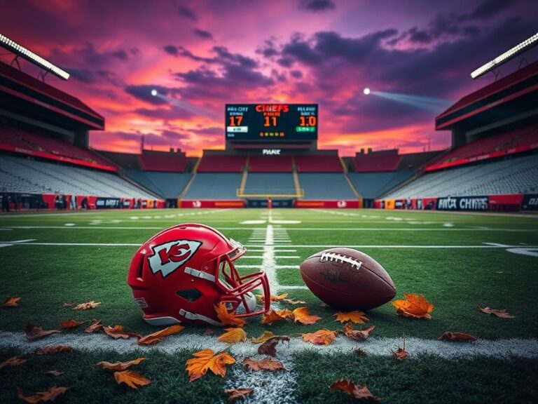 Flick International Dusk scene at a Kansas City Chiefs football stadium with abandoned helmets and footballs on the turf