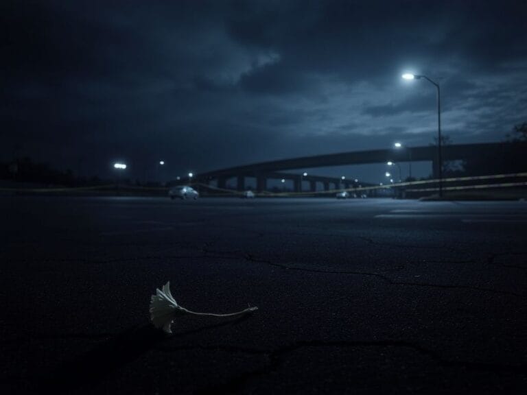 Flick International Dark and moody landscape of Jacksonville, Florida, featuring an abandoned parking lot and wilted flower symbolizing lost lives