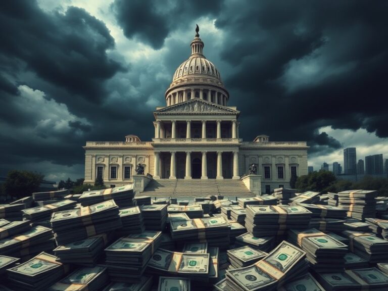 Flick International Grand stone government building surrounded by scattered cash and dollar bills symbolizing political influence