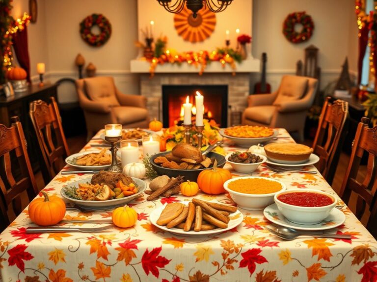 Flick International A beautifully set Thanksgiving dinner table with autumn-themed decor and traditional dishes.