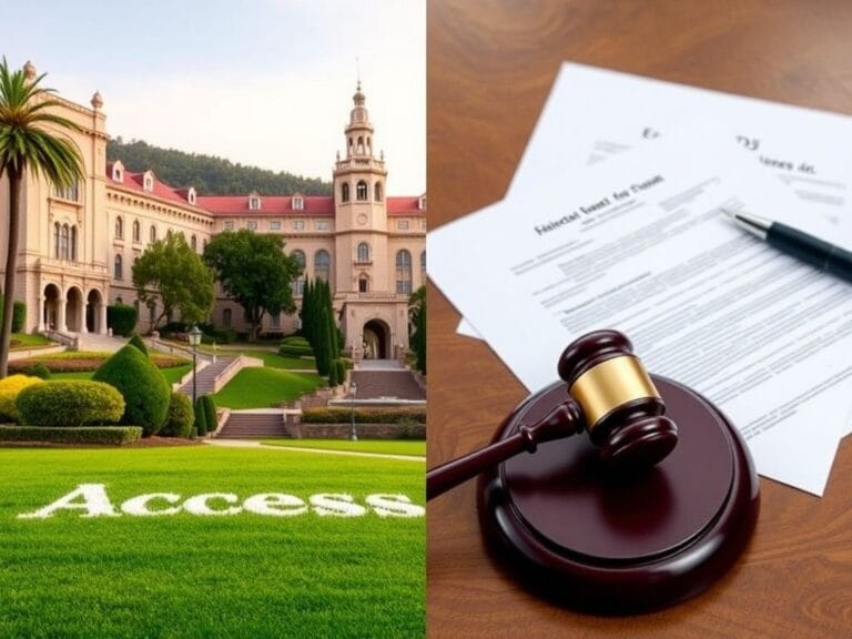 Flick International Split image showing a prestigious California university campus on the left and legal documents with a gavel on the right