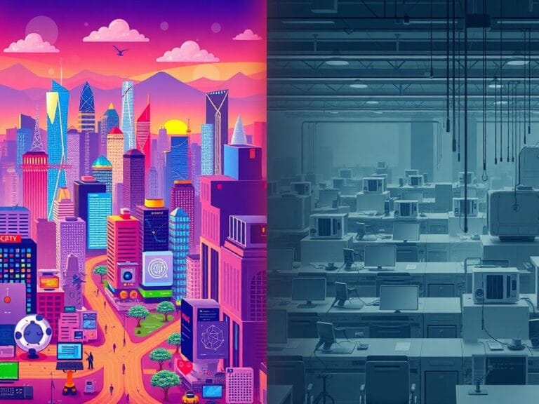 Flick International A split-screen image contrasting positive and negative perceptions of AI with a vibrant cityscape on one side and a muted factory on the other.