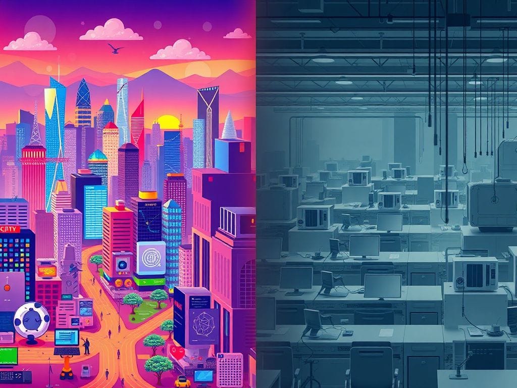 Flick International A split-screen image contrasting positive and negative perceptions of AI with a vibrant cityscape on one side and a muted factory on the other.