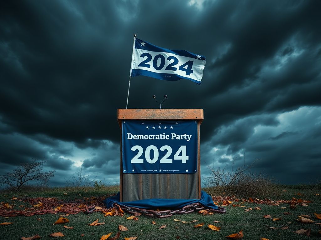 Flick International A weathered, empty podium of the Democratic Party surrounded by storm clouds and a torn 2024 campaign banner