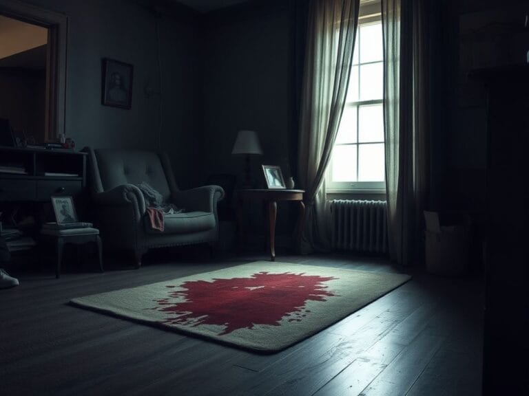 Flick International Dimly lit living room with a blood-stained rug, suggesting a tragic event