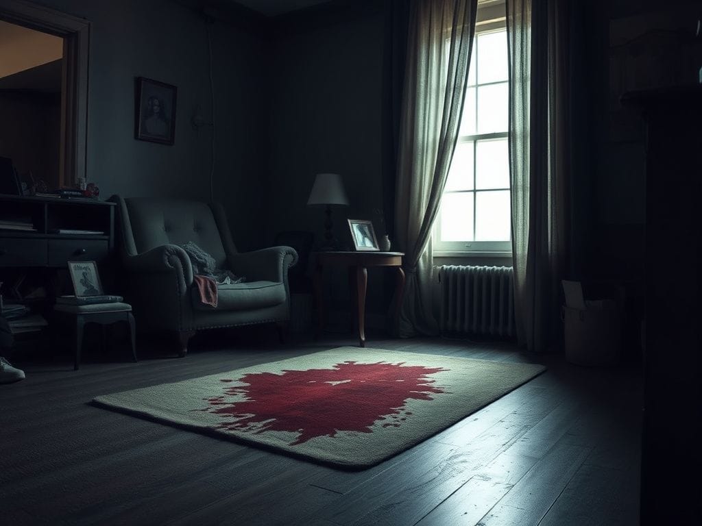 Flick International Dimly lit living room with a blood-stained rug, suggesting a tragic event