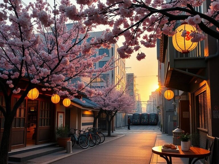Flick International Serene Tokyo street scene at sunset with cherry blossoms