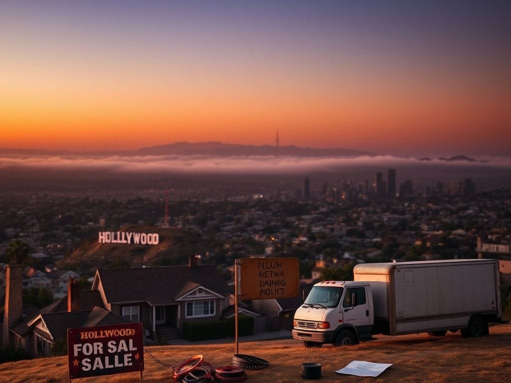 Flick International A sprawling Los Angeles skyline at sunset with the Hollywood sign partially obscured by fog.