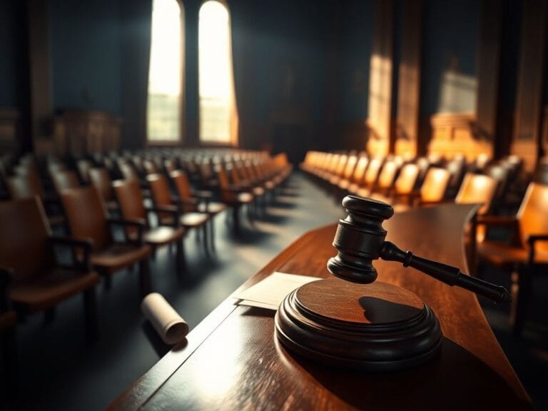 Flick International A dramatic courtroom scene featuring a gavel on a wooden bench with empty chairs in the background