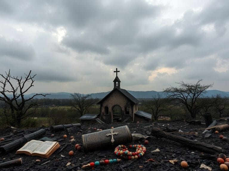 Flick International A stark landscape featuring a burned church in Nigeria symbolizing violence against Christians
