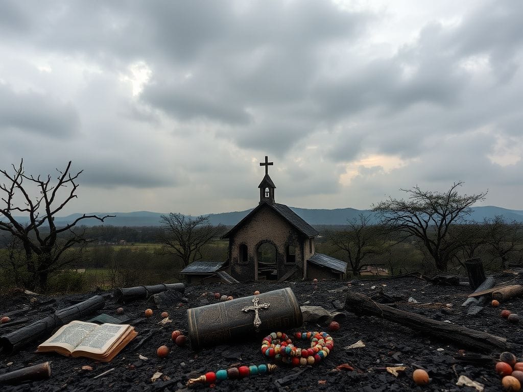 Flick International A stark landscape featuring a burned church in Nigeria symbolizing violence against Christians