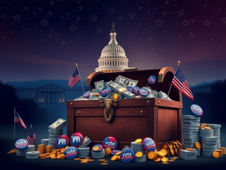 Flick International A large war chest overflowing with stacks of cash and Republican symbols against a twilight sky
