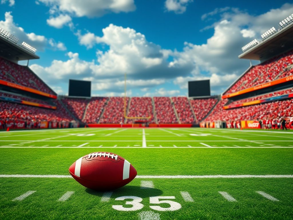 Flick International Dynamic football scene depicting an NFL kickoff with a prominently placed football on a 35-yard line