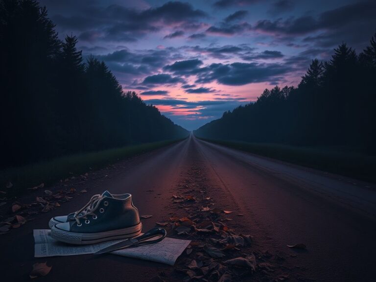 Flick International Empty road bordered by dense woods with children's shoes symbolizing missing 9-year-old Melodee