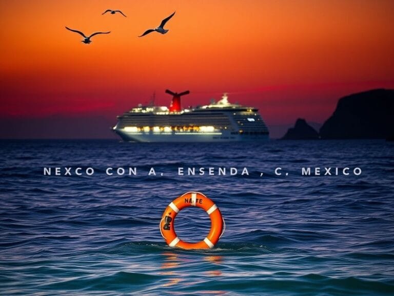 Flick International Dramatic coastal scene depicting the Carnival Radiance cruise ship near Ensenada, Mexico, with a lifebuoy floating in the water.