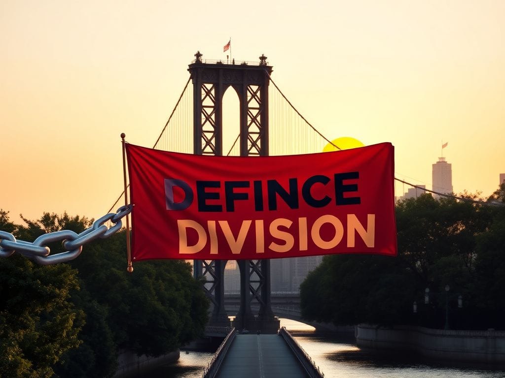 Flick International A panoramic view of the Brooklyn Bridge at sunrise with a colorful defiance banner