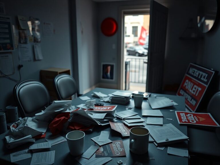 Flick International Deserted urban campaign office in New York City with crumpled materials and a red beret