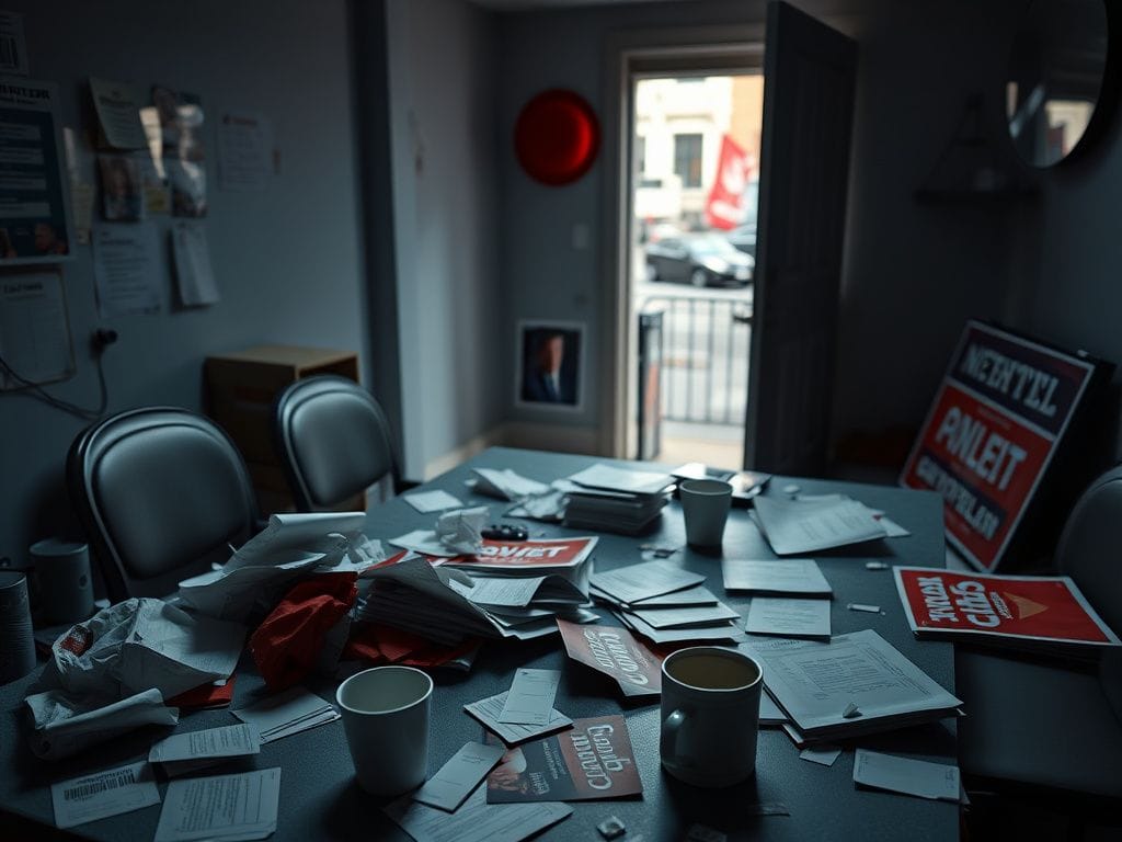 Flick International Deserted urban campaign office in New York City with crumpled materials and a red beret