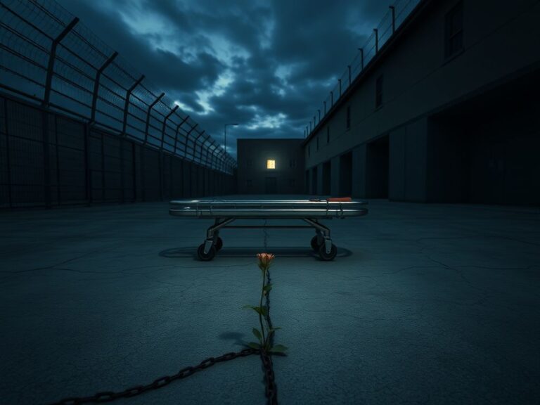 Flick International Dimly lit courtyard of Florida State Prison with an empty metal gurney on cracked concrete and barbed wire fencing
