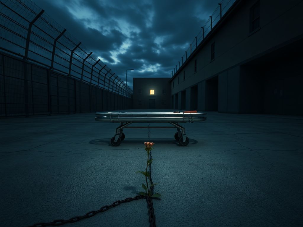 Flick International Dimly lit courtyard of Florida State Prison with an empty metal gurney on cracked concrete and barbed wire fencing