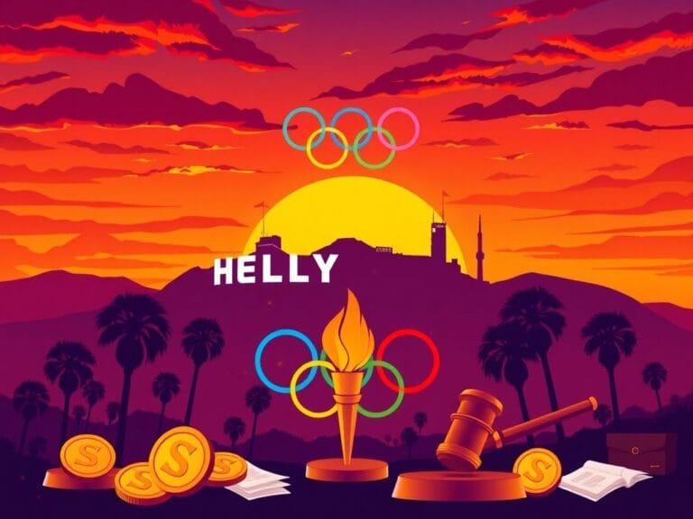Flick International Stylized depiction of Los Angeles skyline with Olympic symbols and political elements