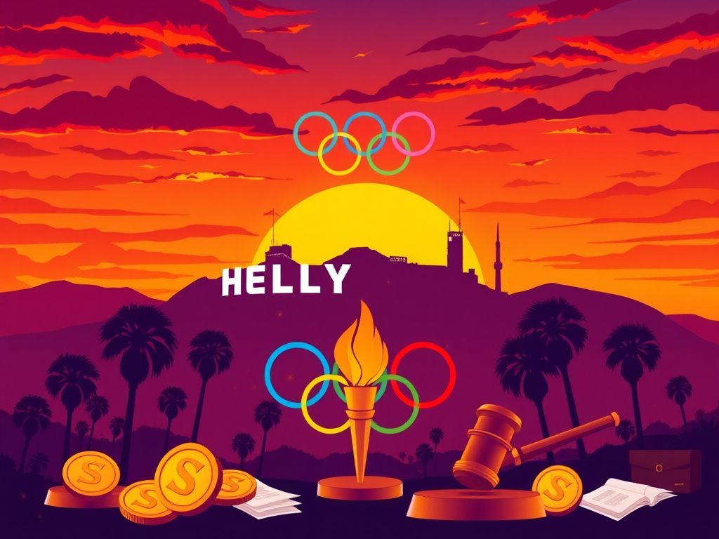 Flick International Stylized depiction of Los Angeles skyline with Olympic symbols and political elements