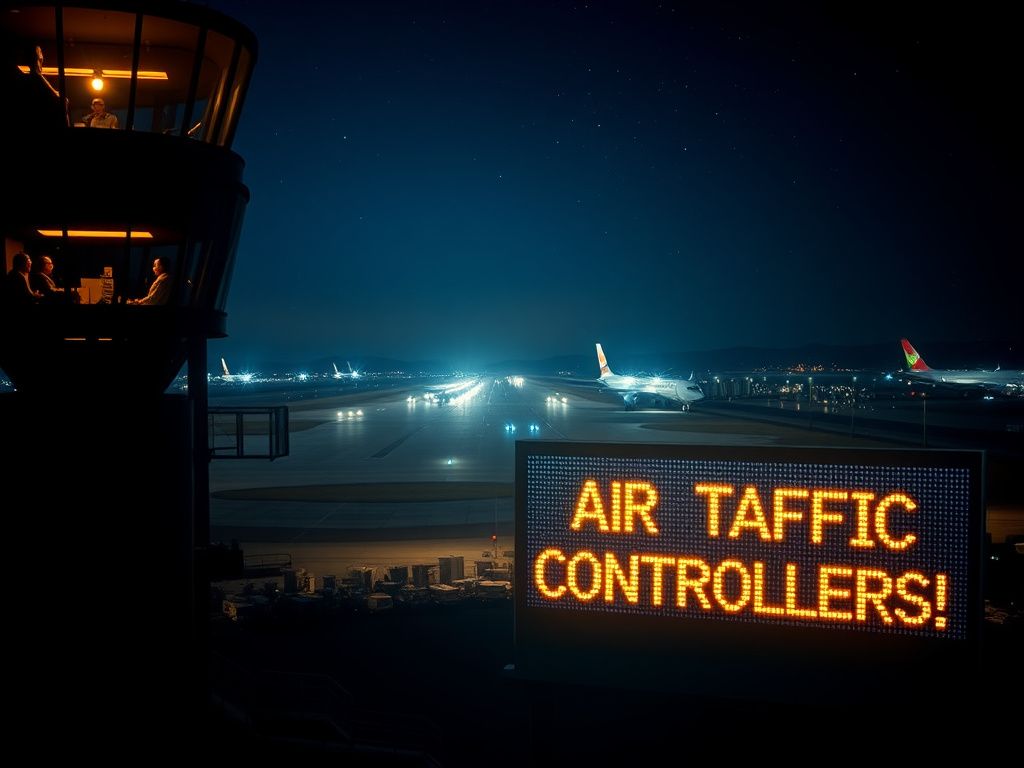 Flick International A nighttime view of an airport control tower with illuminated lights and a digital display board saying 'Thank You, Air Traffic Controllers!'