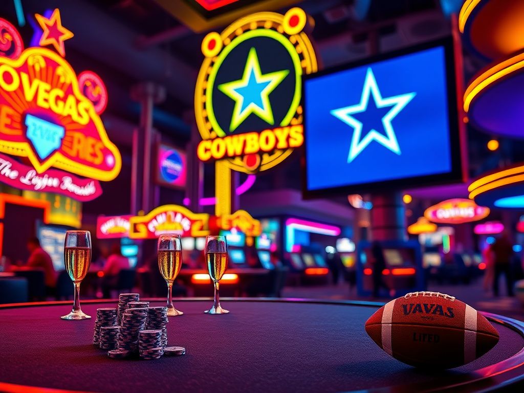 Flick International A vibrant night scene of a Las Vegas casino, featuring an empty table with poker chips and champagne glasses, and a digital screen displaying the Dallas Cowboys logo.