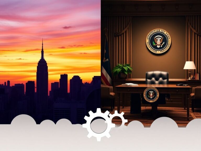 Flick International Iconic New York City skyline at twilight with rich orange and purple hues alongside a representative Oval Office setting