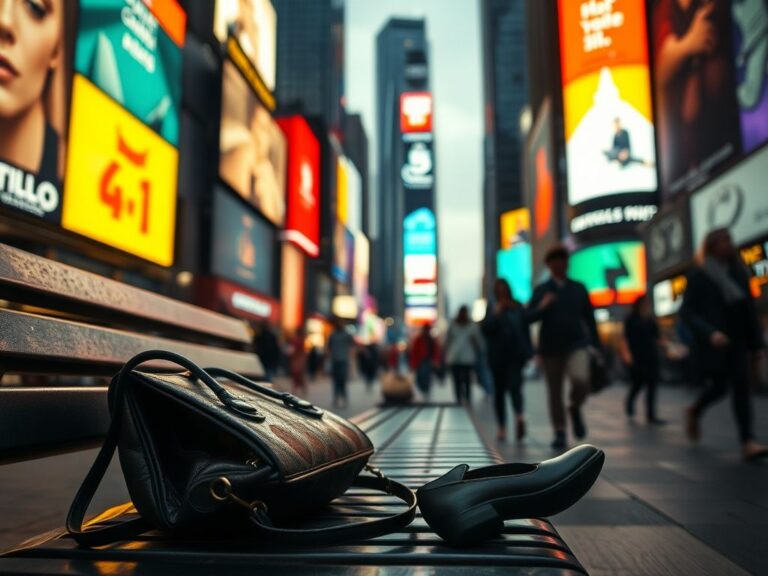 Flick International A vibrant yet tense depiction of Times Square with bustling streets and abandoned personal items symbolizing vulnerability.