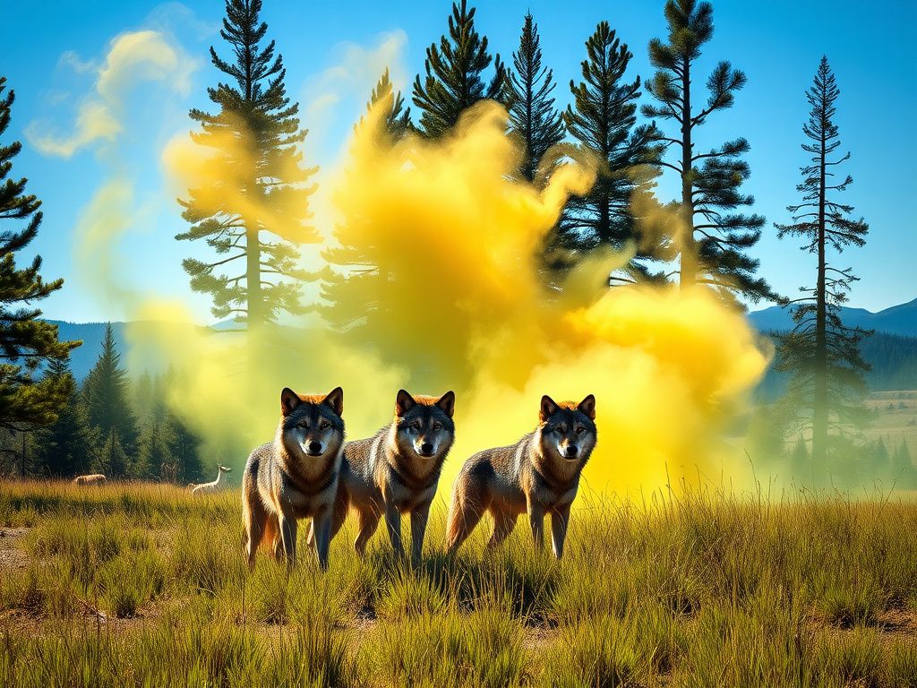 Flick International Wild wolf pack in Yellowstone with spray effects in the air