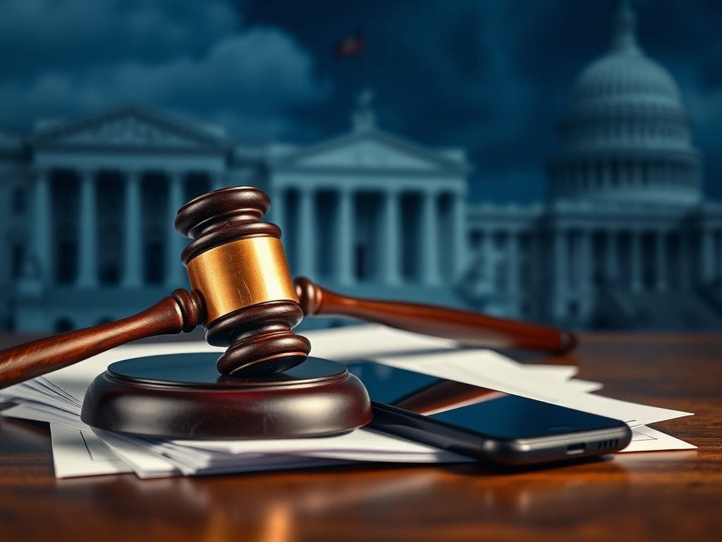 Flick International Abstract representation of a judicial gavel on legal documents and a smartphone