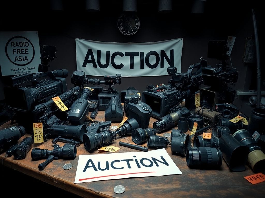 Flick International A cluttered auction scene featuring abandoned broadcast equipment including HD cameras and teleprompters displayed on a worn table.