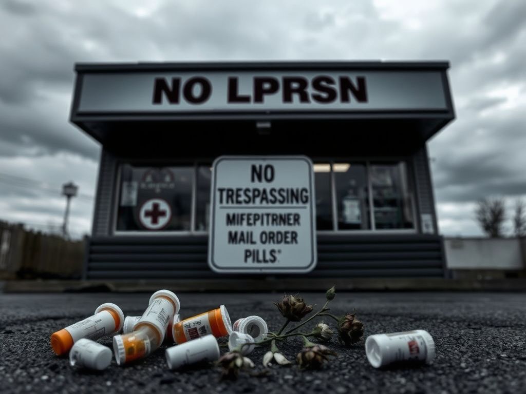 Flick International Closed medical clinic with a 'No Trespassing' sign and scattered prescription bottles, including one labeled 'Mifepristone'