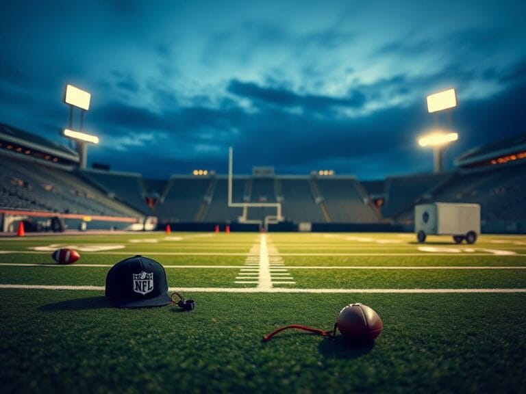 Flick International NFL football field under stadium lights with referee's cap and whistle on the sideline
