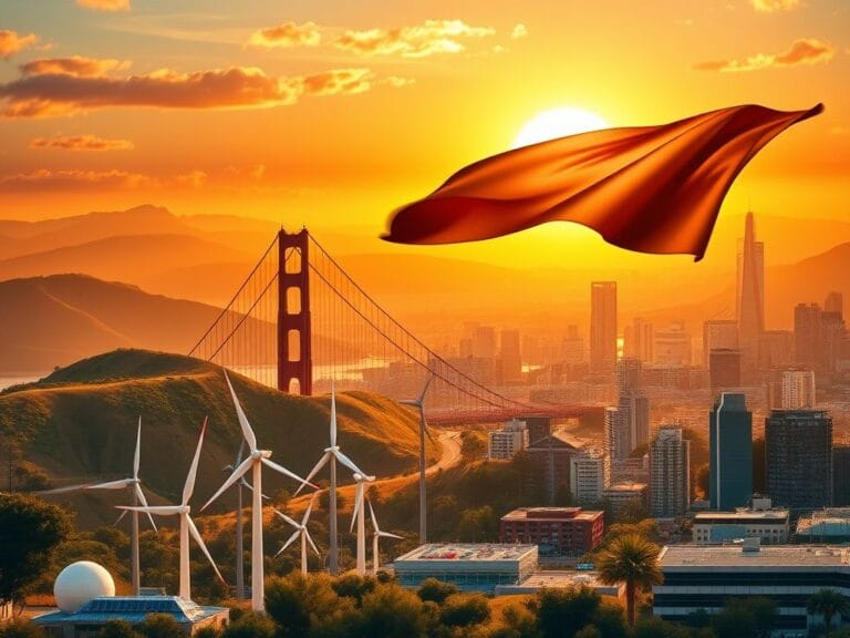 Flick International Colorful sunset over California featuring iconic landmarks like the Golden Gate Bridge with symbols of progress.