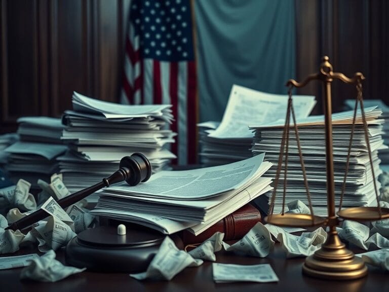 Flick International Somber courtroom scene with immigration documents and gavel