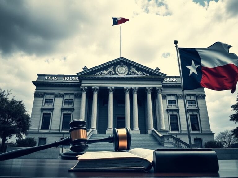 Flick International Courthouse in Texas with gavel and law book symbolizing justice
