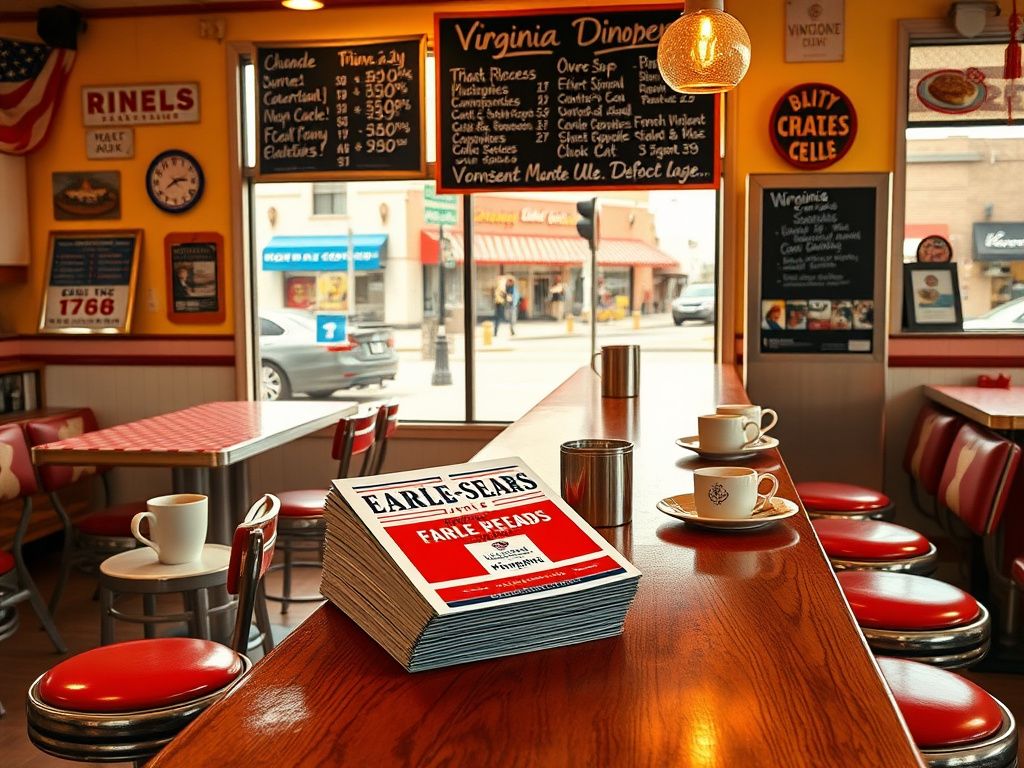 Flick International A cozy Virginia diner scene with campaign flyers for Winsome Earle-Sears