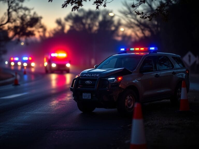 Flick International A police patrol SUV with severe front damage parked on a roadside illuminated by police lights