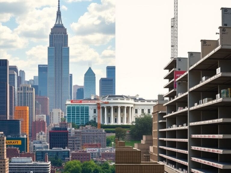 Flick International A split image contrasting a vibrant capitalist urban landscape with a dull socialist cityscape, symbolizing competing ideologies.