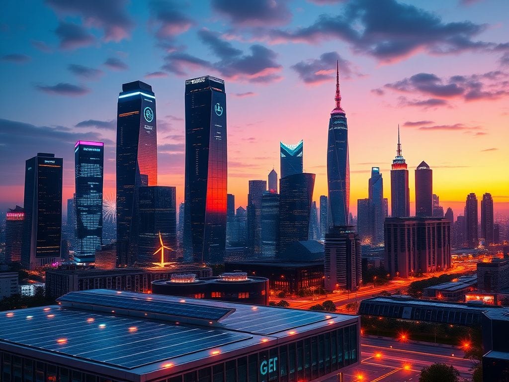 Flick International Futuristic cityscape at dusk symbolizing AI technology advancements